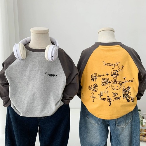 Cotton Men's and Women's Children's Long-Sleeve T-shirts 2024 Cute Cartoon Casual Versatile Medium and Small Children's Clothing Base Layer Top Spring and Autumn