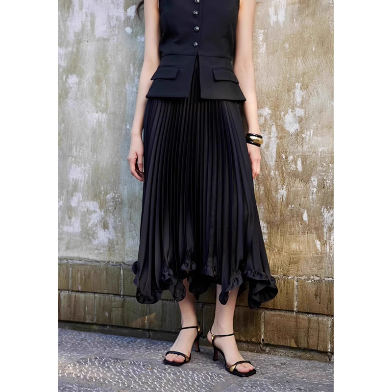 Women's Clothing ​Layered Petal Hem Pleated Midi Skirt – Elegant Office-to-Evening A-Line Skirt (Black)​_ecoleips.com
