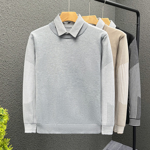 Cross-border Korean-style Fake Two-piece Sweater Men's Autumn and Winter Fashion Brand Lapel Shirt Loose All-match Base Sweater Wool