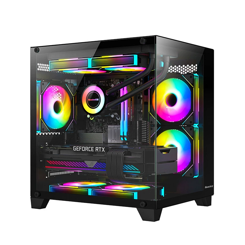 Desktop chassis (Huntkey S900) — panoramic viewing, postless interior, gaming case