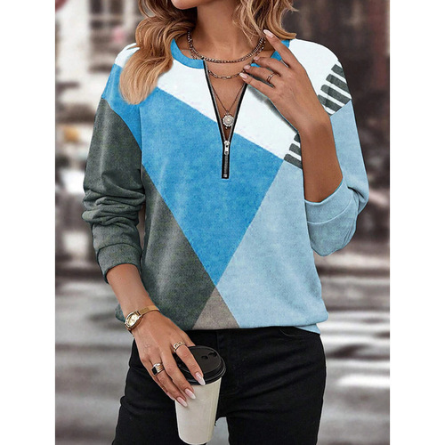 2024 New Casual Fashion Autumn/Winter Korean Style Zip Polo Collar Round Neck Contrast Color Long Sleeve Women's Top WF05