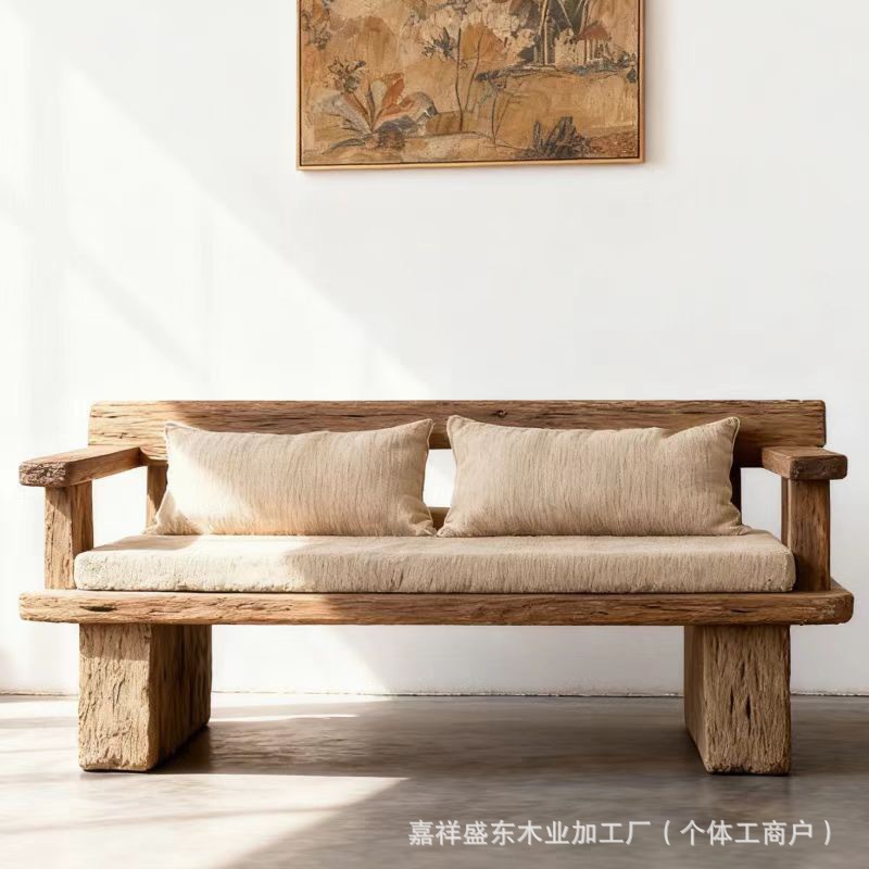 Wabi-Sabi Style Old Elm Sofa Small Apartment Living Room Straight Sofa Zen Old Door Panel Solid Wood Backrest Sofa Bed