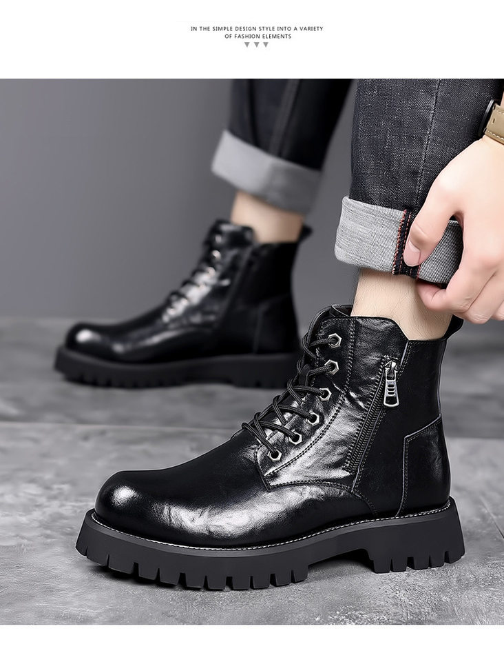 Bốt Martin nam cao cổ lót nhung giữ ấm, da bò, đế cao su, gót thấp 1-3 cm — Màu xám, Màu đen chi tiết 21