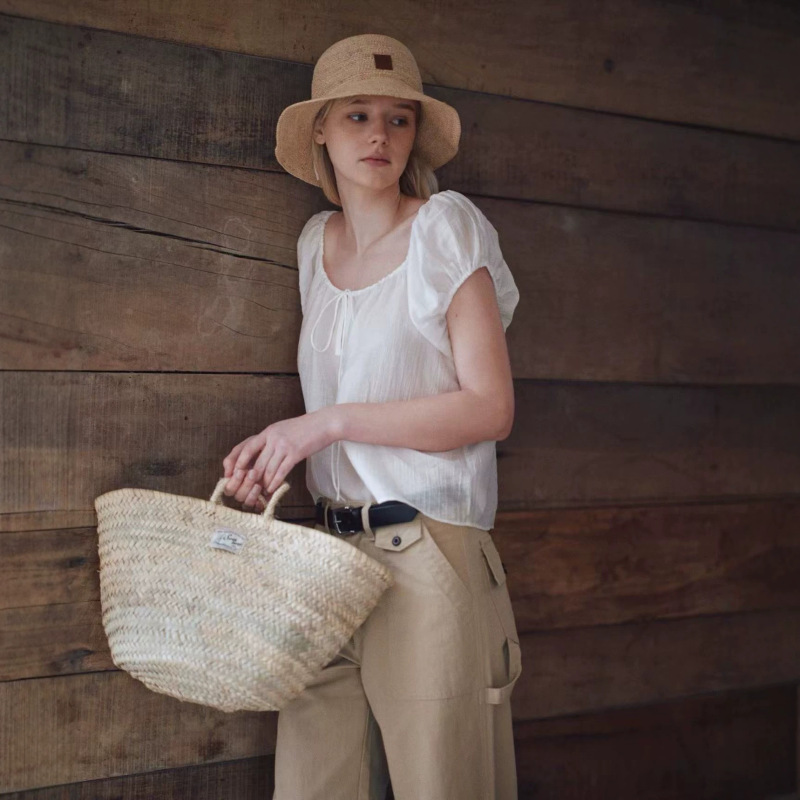 "Long Vacation" Cloud Puff Sleeve Loose Off-The-Shoulder Tie-Up Shirt Short Sleeve Top Direct from the Manufacturer
