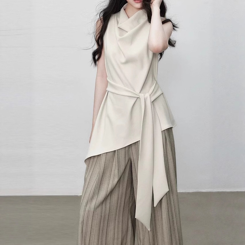 Yuzhi Yuzhi High-Quality Sleeveless Top Summer New Style Lace-Up Waist Design Elegant Off-White T-Shirt for Women