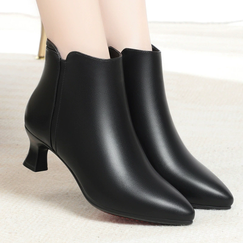 Плюс бархат утолщенные кожаные туфли на высоком каблуке Рабочая обувь женская черная кожаная обувь