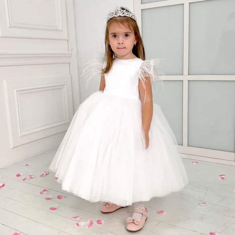 Abito da principessa per bambine Mother & Kids con maniche in tulle effetto piuma, costume da spettacolo, abito formale per bambina, abito da damigella d'onore._voghion.com