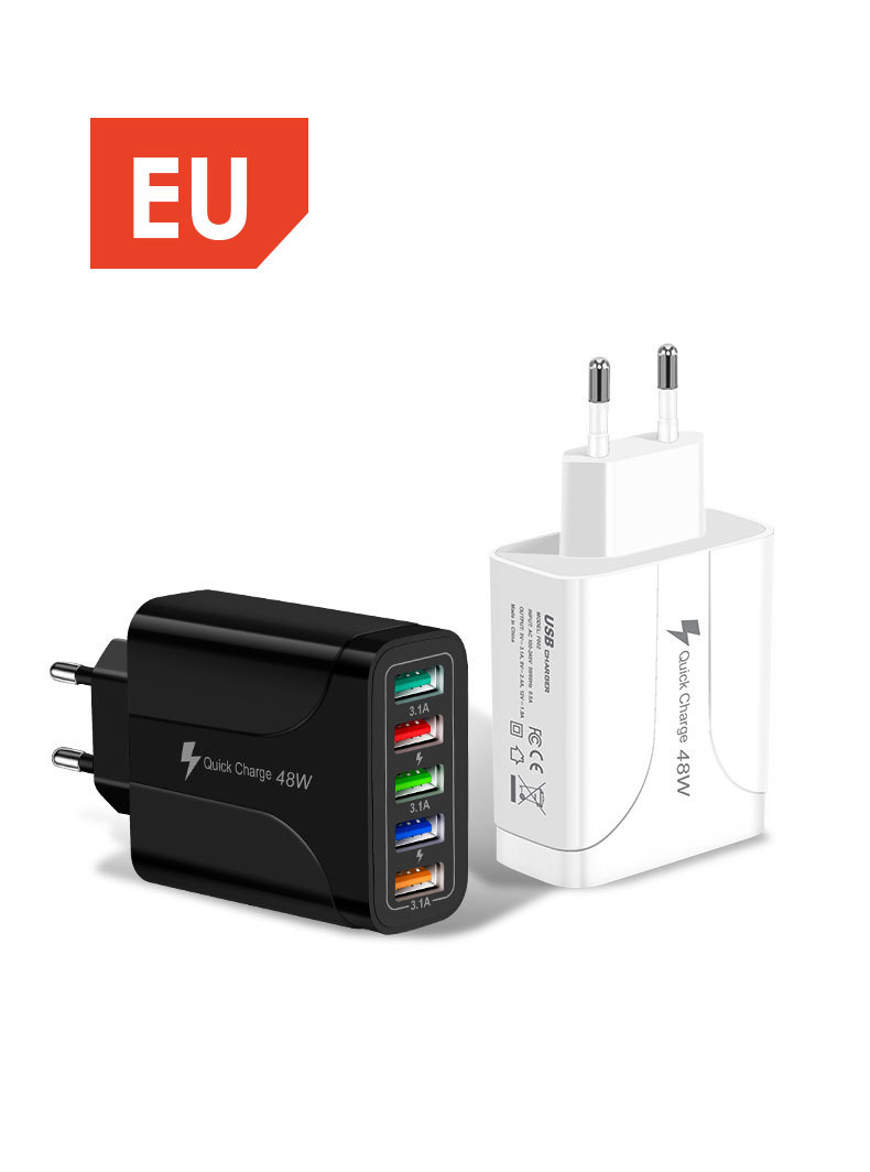 Novo carregador rápido de celular 5USB 5.1A com múltiplas portas, adaptador de viagem padrão americano, europeu e britânico, cabeça de carregamento_voghion.com