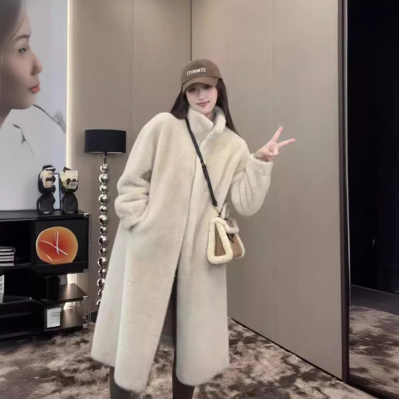 Winter Elegant Style Loose Faux Mink Fur Coat, Mid-Length Stand Collar European Mink Wool Fur Jacket, Women's Trench Coat