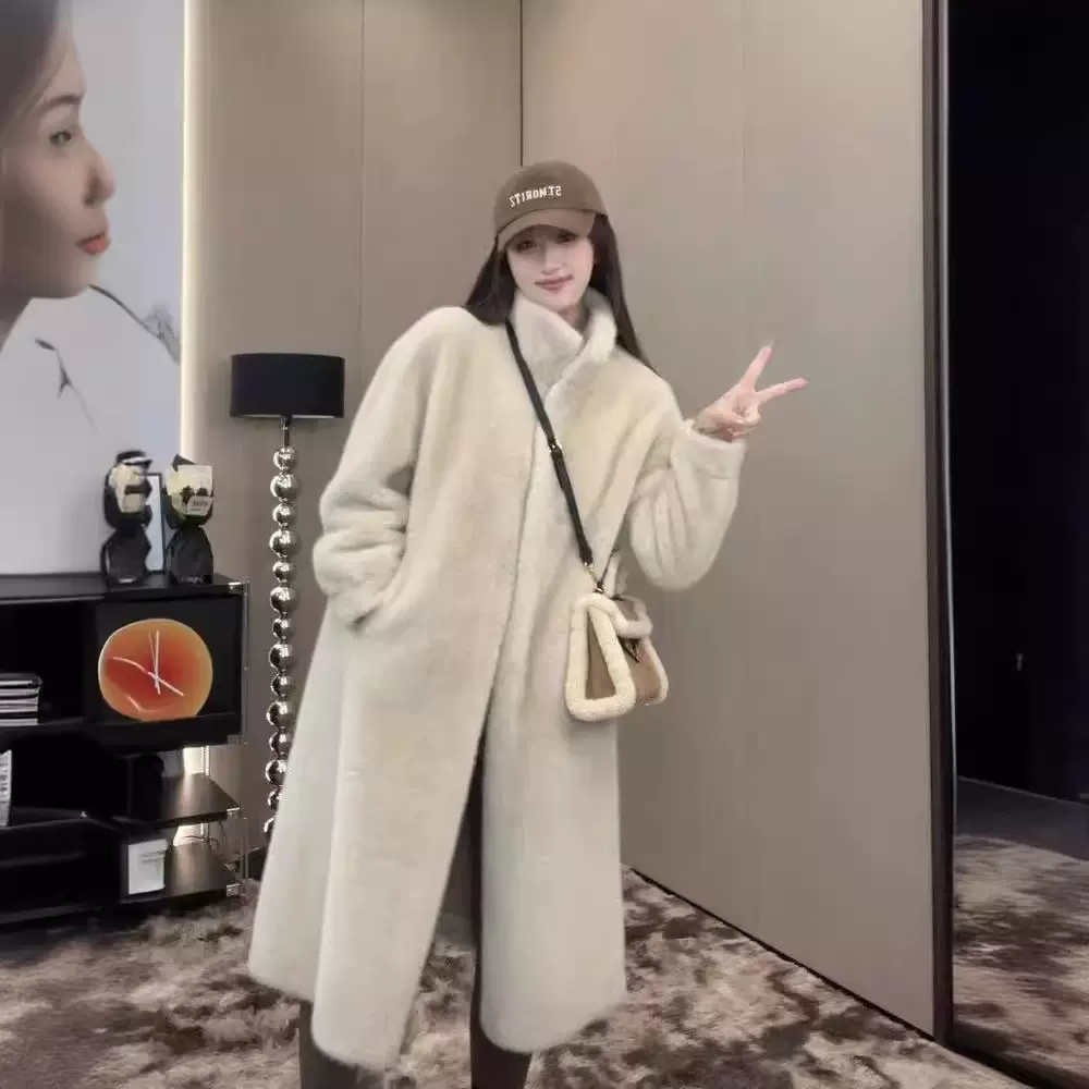 冬季御姐风宽松仿水貂毛绒大衣中长款立领欧貂毛呢皮草外套女风衣
