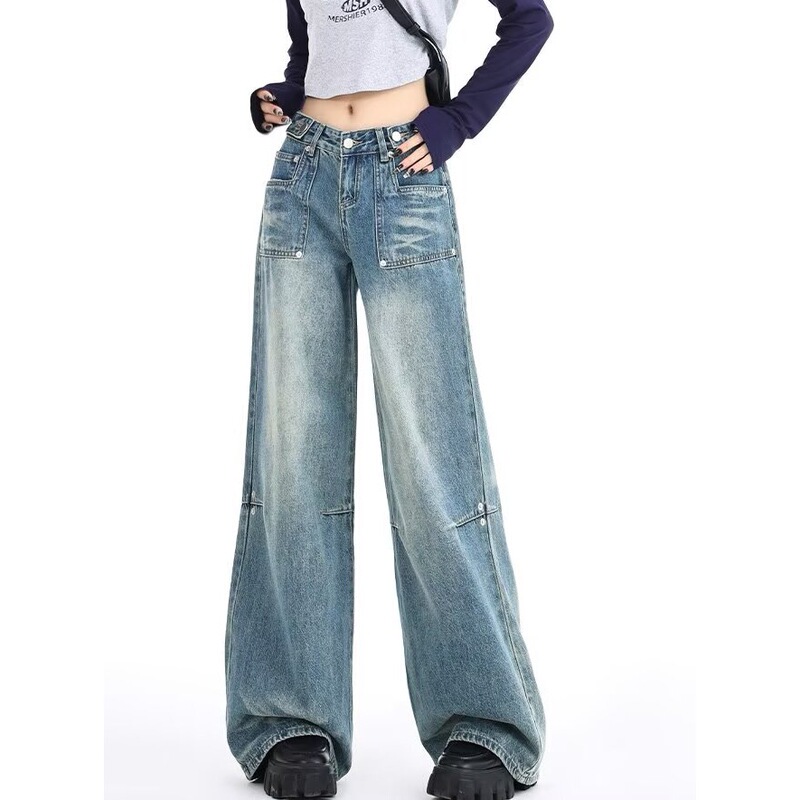 Blue Trendy Niche High-Waisted Loose Design Wide-Leg Jeans for Women, Retro Spring-Summer Versatile Washed Straight-Leg Pants with Drape Effect