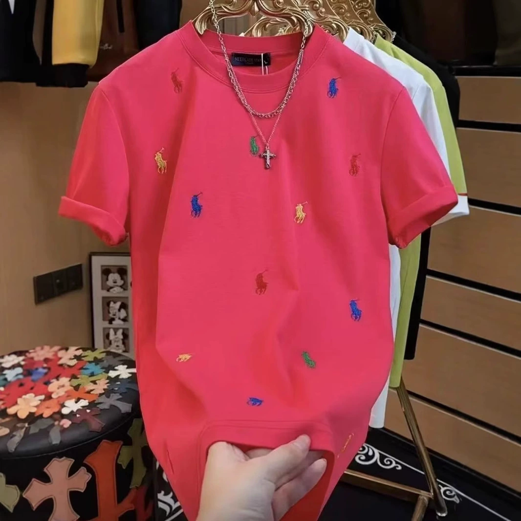 2025 Летняя новая легкая роскошь тяжелая промышленность цветная вышивка с короткими рукавами футболка мужской моды дикий тонкий топ