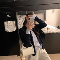 藏青色撞蓝色假两件针织开衫韩版复古毛衣外套
