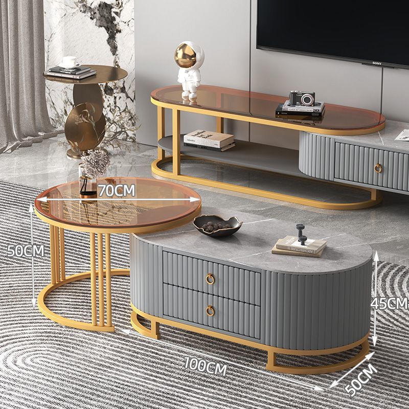 Mesa de centro de pizarra, mueble de TV, lujo ligero, sensación moderna de alta gama, sala de estar para el hogar, combinación de mesa de centro telescópica ovalada, mesa lateral
