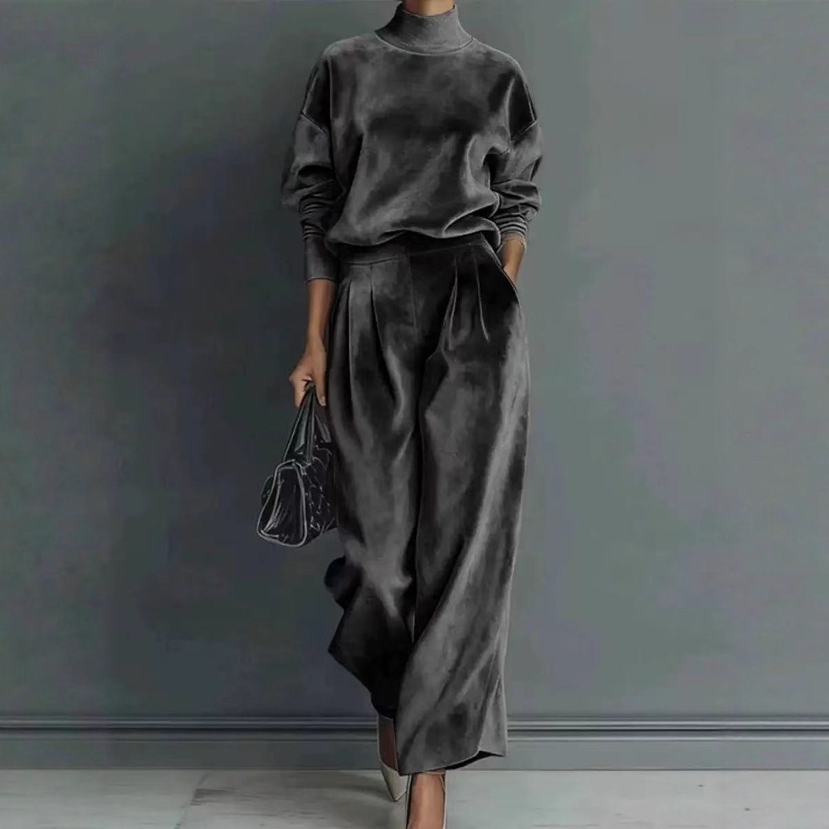 Hochwertiges zweiteiliges Strickset für Damen im europäischen und amerikanischen Stil – Herbst/Winter: Langarmshirt und weite Hose._voghion.com