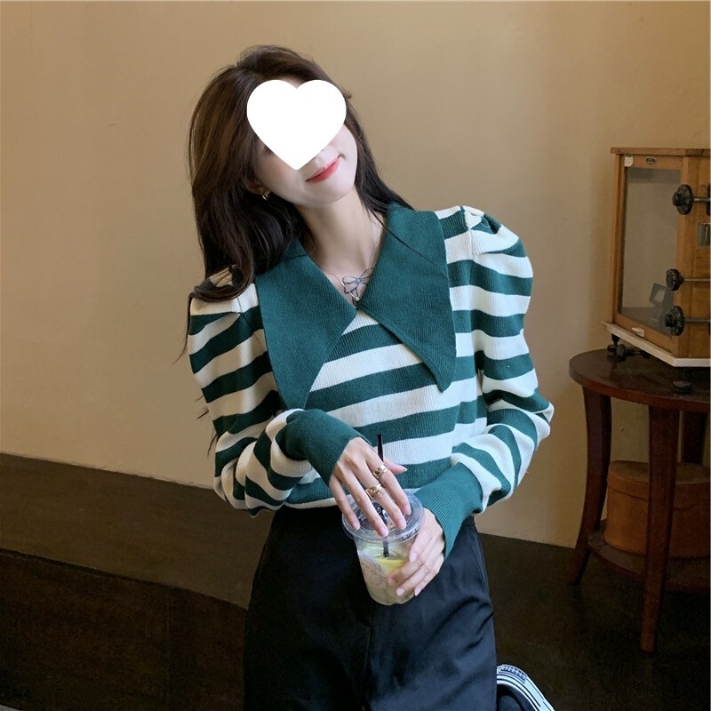 早秋慵懒短款上衣设计感新款复古条纹泡泡袖长袖针织衫女毛衣小众|undefined