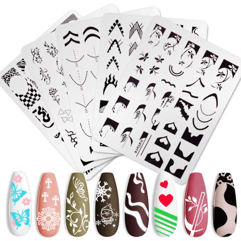 New French Nail Art Printed Steel Plate Flower Smiley Grid Irregular Nail Art Steel Plate with Transparent Film