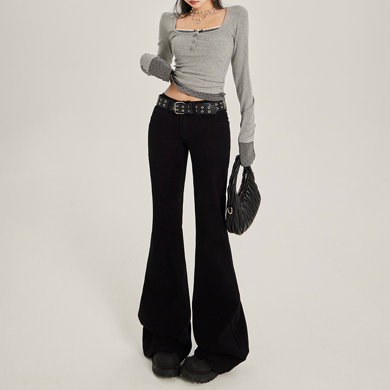 Znzw Black Micro-Flare Jeans for Women, Summer Style 2026, Low-Waist, Non-Tight-Fitting, Stretchy Wide-Leg Flared Pants for Women