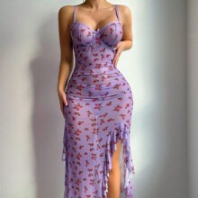 欧美外贸大码情趣内衣网张印花吊带睡裙聚拢开衩睡衣连衣裙诱惑装