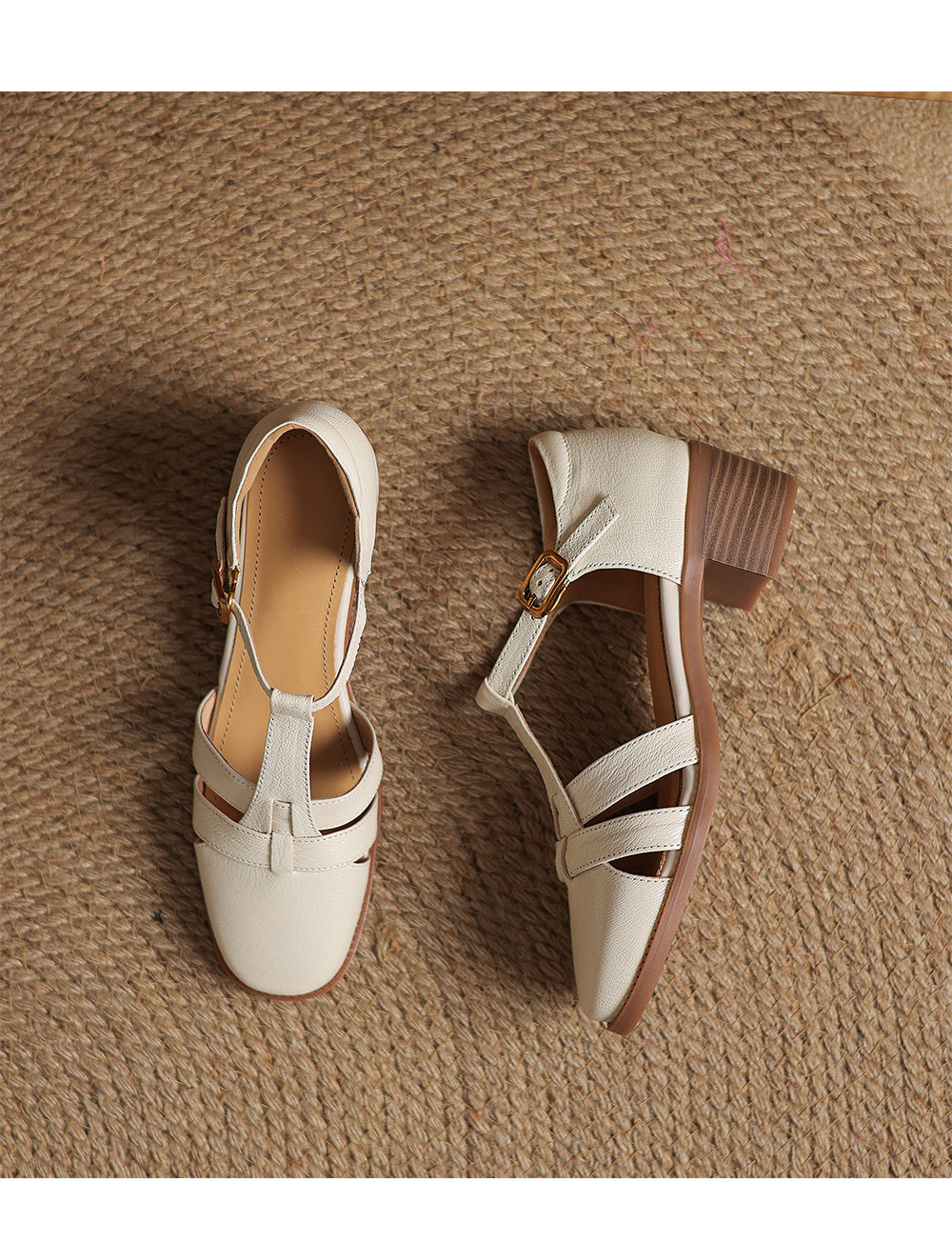 Sandal nữ quai ngang da cừu kiểu La Mã đế dày khoét lỗ dệt — Màu trắng nhạt chi tiết 14