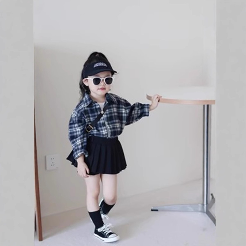 Girls' Blue and Black Plaid Shirt 2024 Autumn New Style Korean Style Cardigan for Small and Medium-Sized Children, Plaid Lining for Boys and Girls