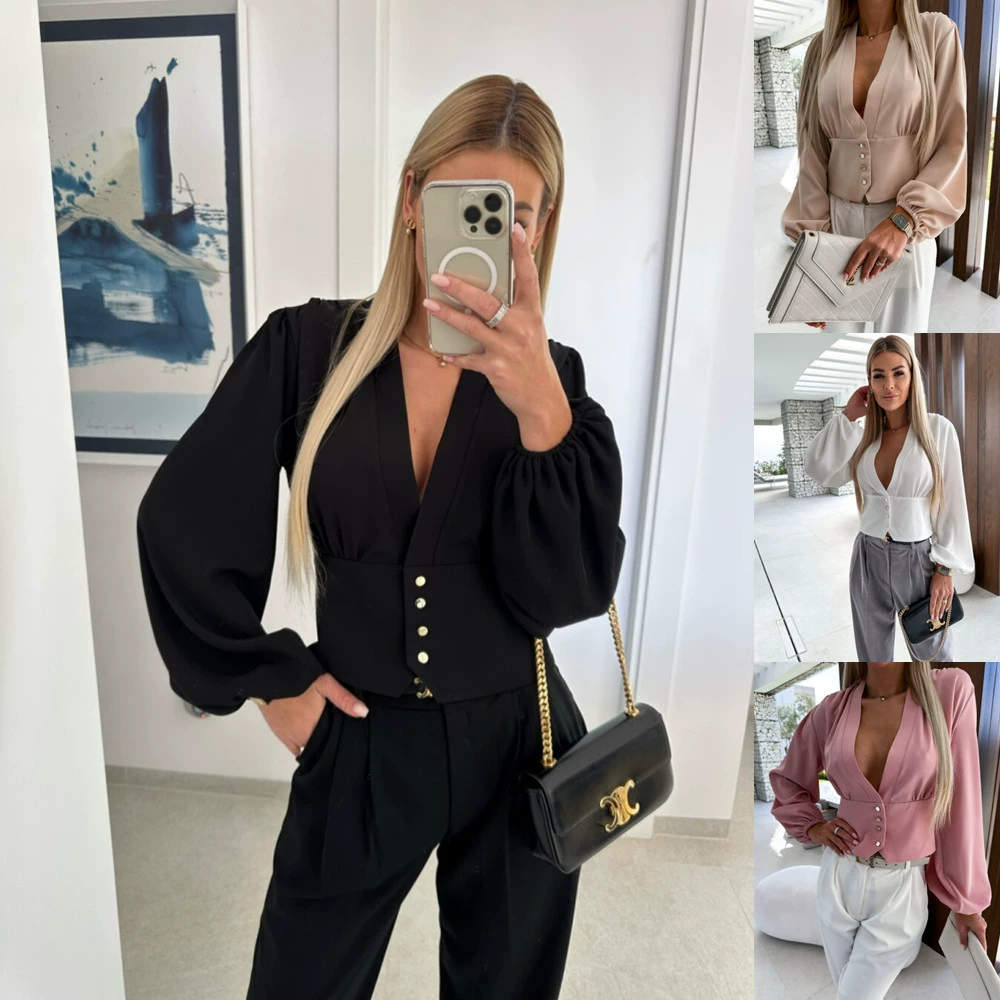 2023 Независимая станция Ebay Амазонка взрывы весна сплошной цвет V-образным воротником пуговица рукав фонарь рубашка женская