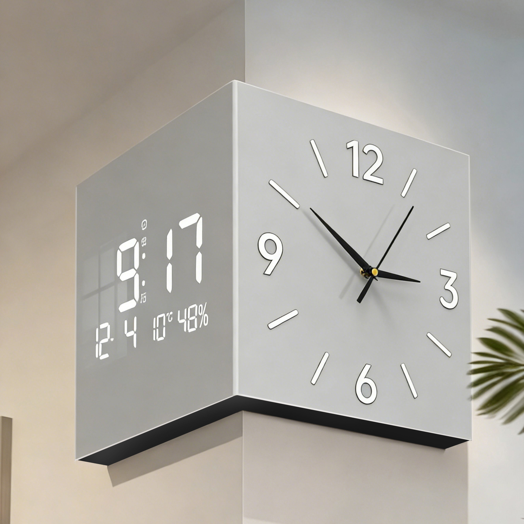 現代のシンプルなリビングルームの両面の角の掛け時計のクリーム風は穴を開けないで家庭用の創意的な時計の壁の明かりの時計は絵を掛けます。