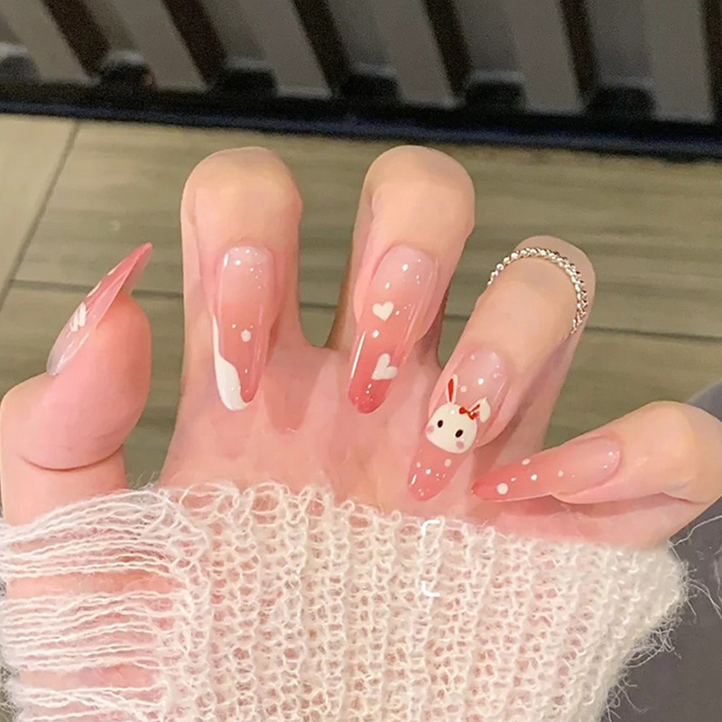 Ice Powder Heart Gradient Hand-Painted Rabbit Whitening Cute Rabbit Manicure Fake Nail Patch Wearable Nail 24 Pieces Ice Powder Heart Gradient Hand-Painted Rabbit Whitening Cute Rabbit Manicure Fake Nail Patch Wearable Nail 24 Pieces