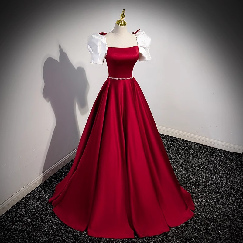 Vestido de noche rojo para brindis, nuevo estilo 2026, vestido de anfitriona de alta gama con mangas abullonadas estilo francés para primavera, ideal para examen de canto. image 6