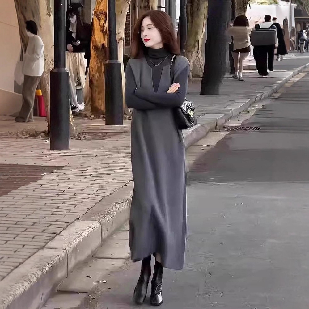【两件套】冷淡系套装时尚气质御姐风灰色背心显瘦连衣裙打底秋冬