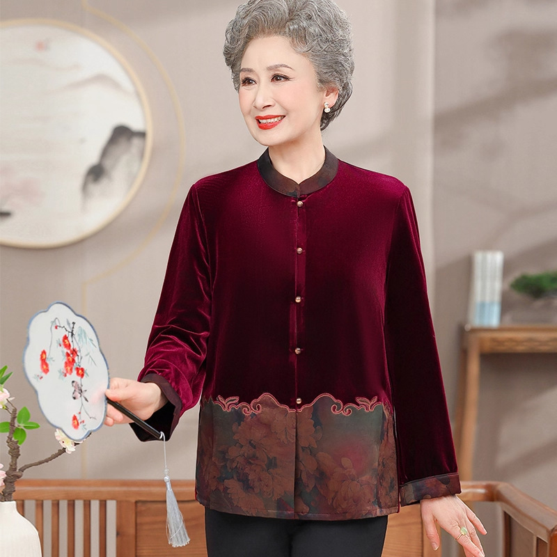 奶奶金丝绒衬衫女中老年人秋装老年妈妈长袖衬衣老人气质上衣秋|undefined