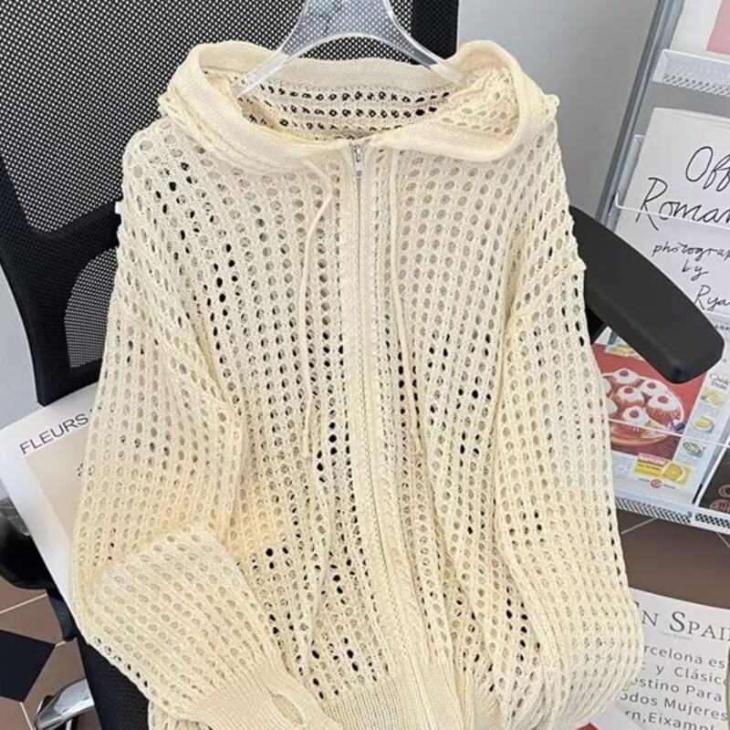 Early Autumn Hollow Sweater Jacket Fashion Cardigan Hooded Outer Long Sleeve Sweater Korean Fashionable Design Outer Wear Sweater