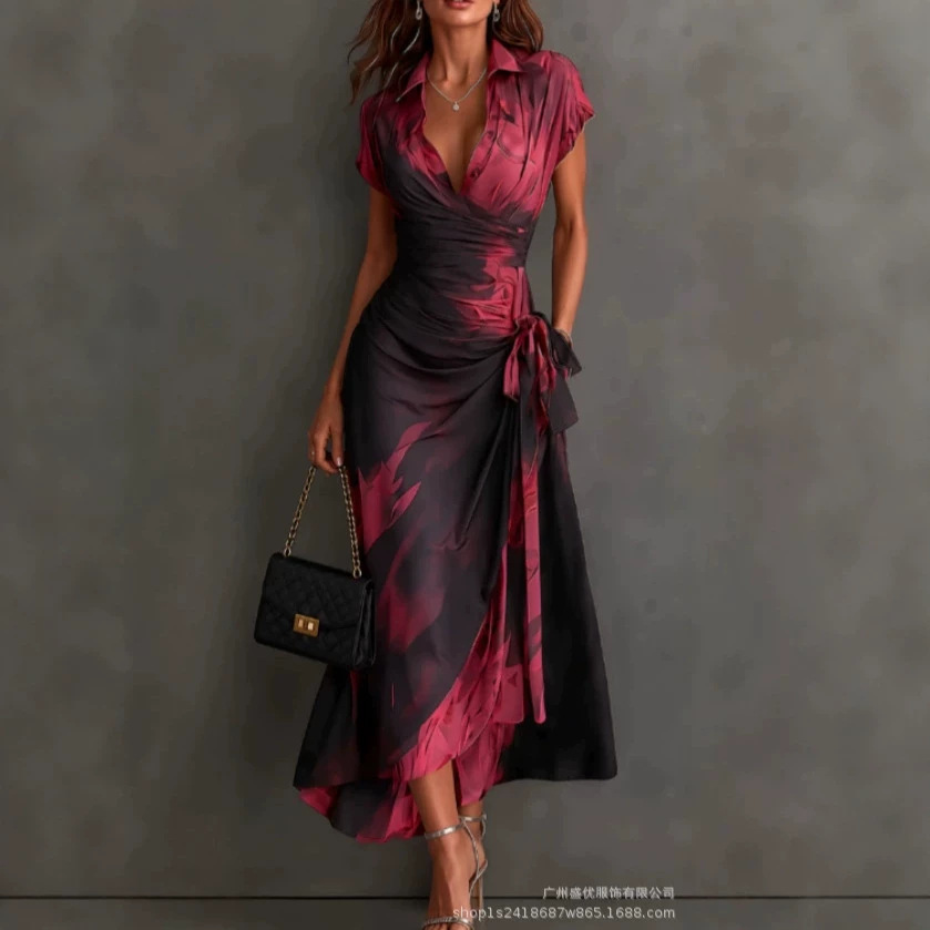 Summer European and American elegant new fashion pleated printed short-sleeve dress with tie decoration long dress