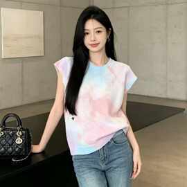 26夏高定CD家印花小众设计宽松透气显瘦文艺针织短袖上衣质感女装