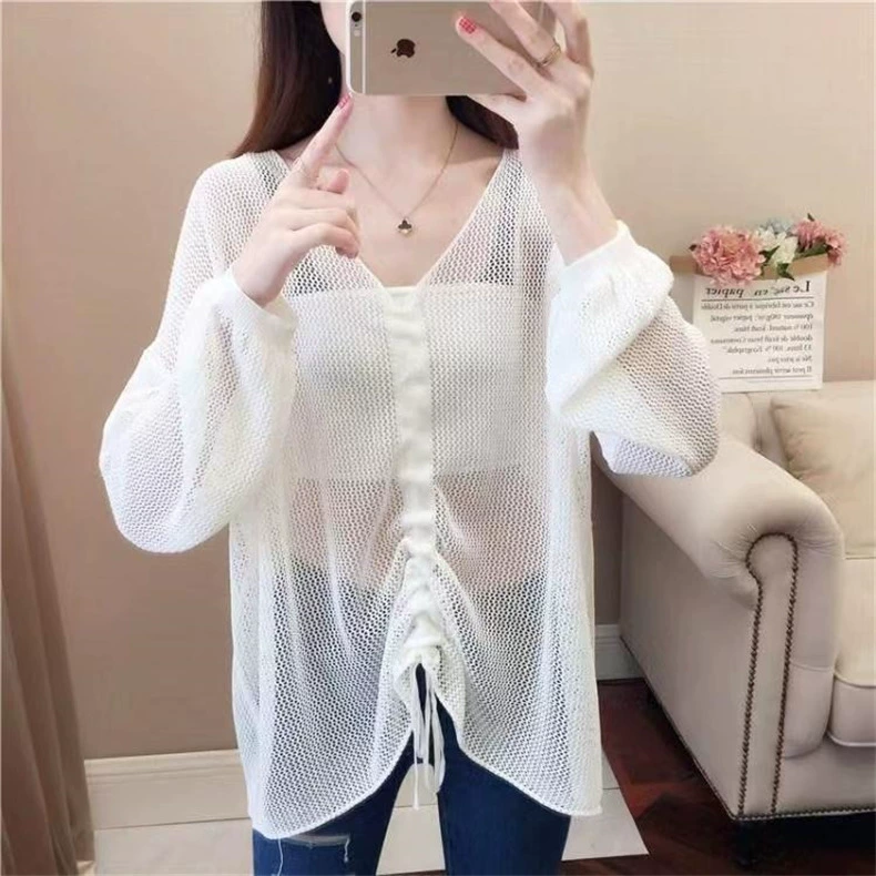 Ленивая стильная тонкая полая вязаная блузка больших размеров, женский топ, летний корейский стиль, свободная шерстяная Солнцезащитная одежда с длинными рукавами, модная