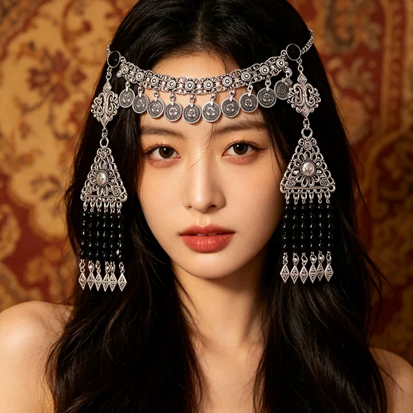 Kazakh Ethnic Exotic Headwear Made of Metal, Coin-Shaped with Tassels, Available in Red, White, and Black, with Beaded Long Tassels, Wholesale
