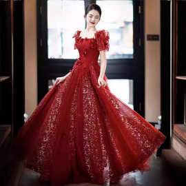 酒红色敬酒服新娘在逃公主气质亮片结婚订婚礼服主持人年会礼服