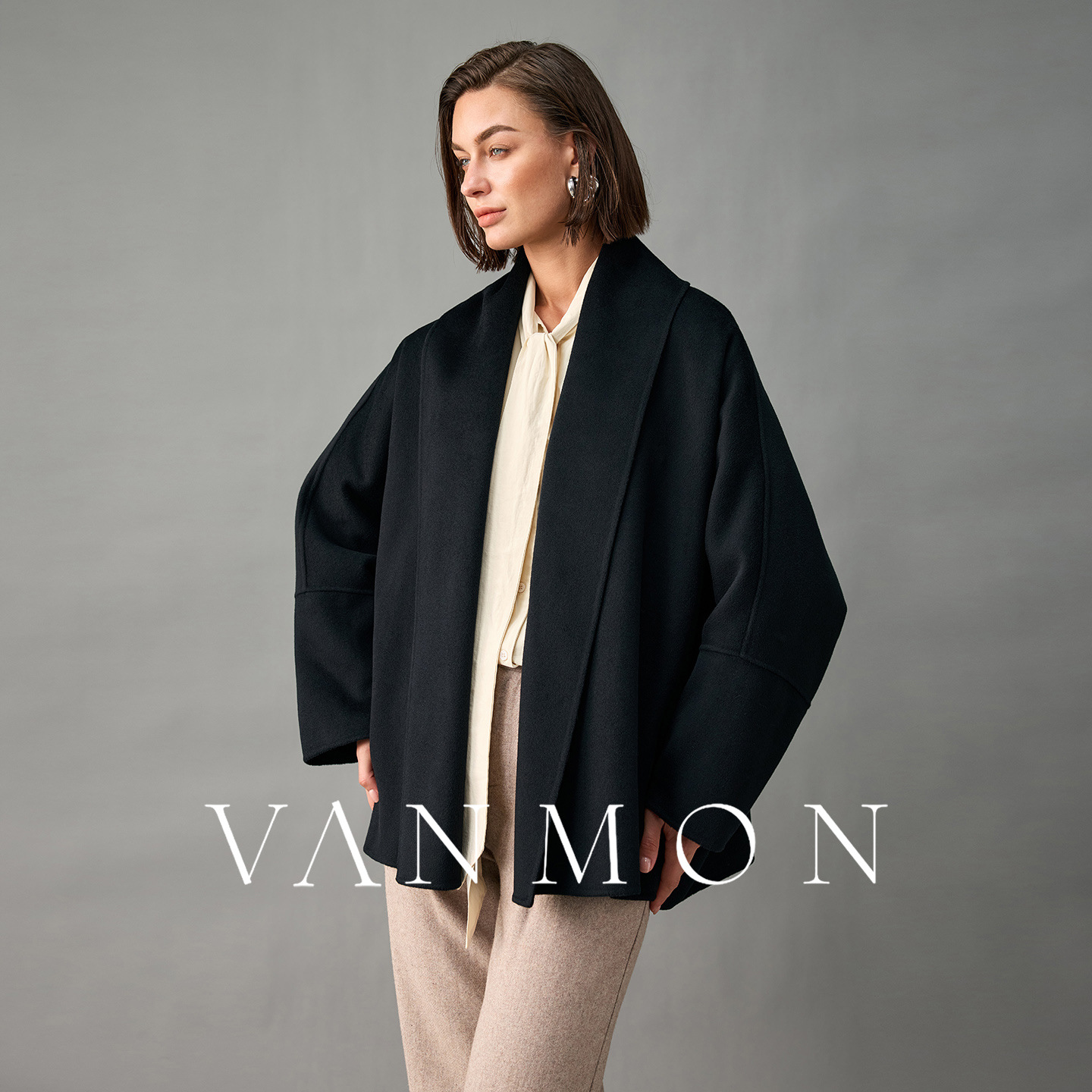 30% Cashmere Outwear for Women 2025 Autumn and Winter New Style Green Fruit Collar Cocoon-Shaped Bat Sleeves Loose Slimming Look Woolen Outwear