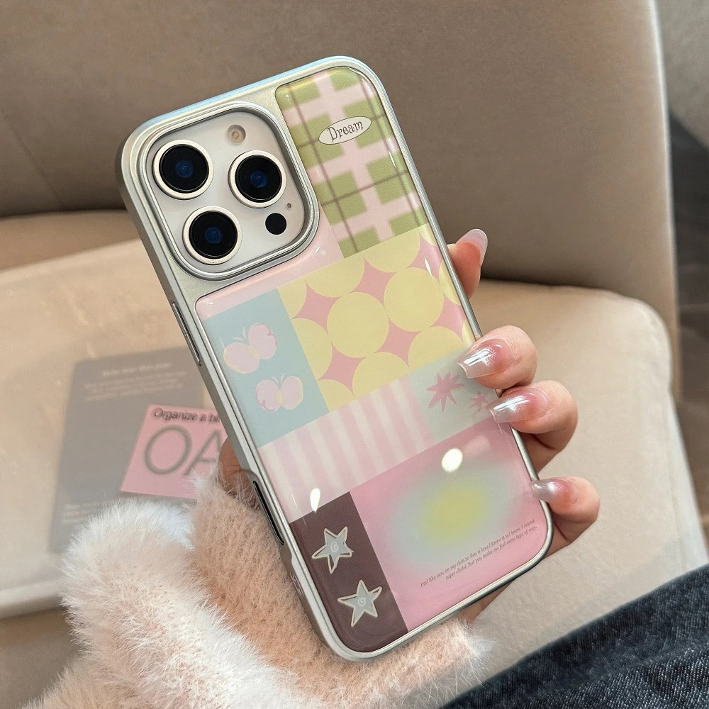 星星格纹拼贴适用iPhone 17/16手机壳苹果14电镀13水凝12小众15套