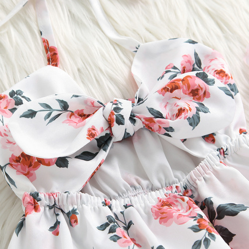  Cross-border Baby Girls' White Print Navel-Bearing Front-Bow Strap Dress GL2161