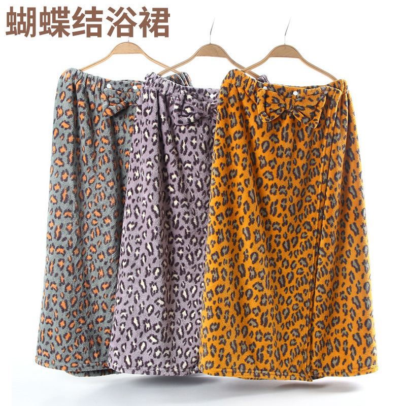Factory Direct Double-Sided Coral Fleece Leopard Print Bandeau Bow Bath Dress Towel, Wearable, Anti-Exposure, Absorbent Bath Dress