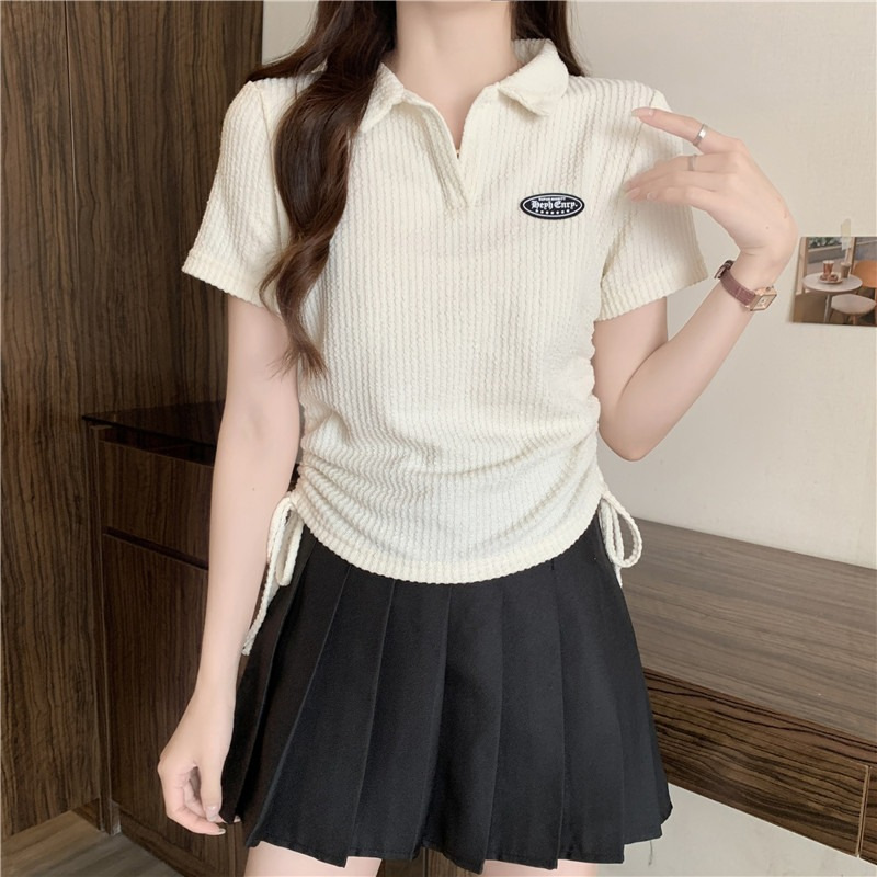 Large size American front shoulder polo neck short sleeved t-shirt for women 2024 new summer chubby mm top design_voghion.com