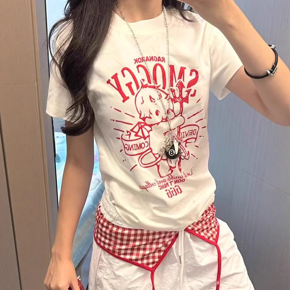 American Retro Style Right Shoulder Letter Cartoon Character Print Design Short-Sleeve T-Shirt Fashion Versatile Casual Top T-Shirt