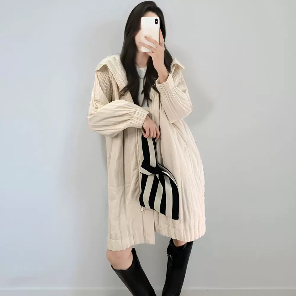 棉服羽绒服女款高端女小个子中长款褶皱新款宽松百搭褶皱棉衣外套