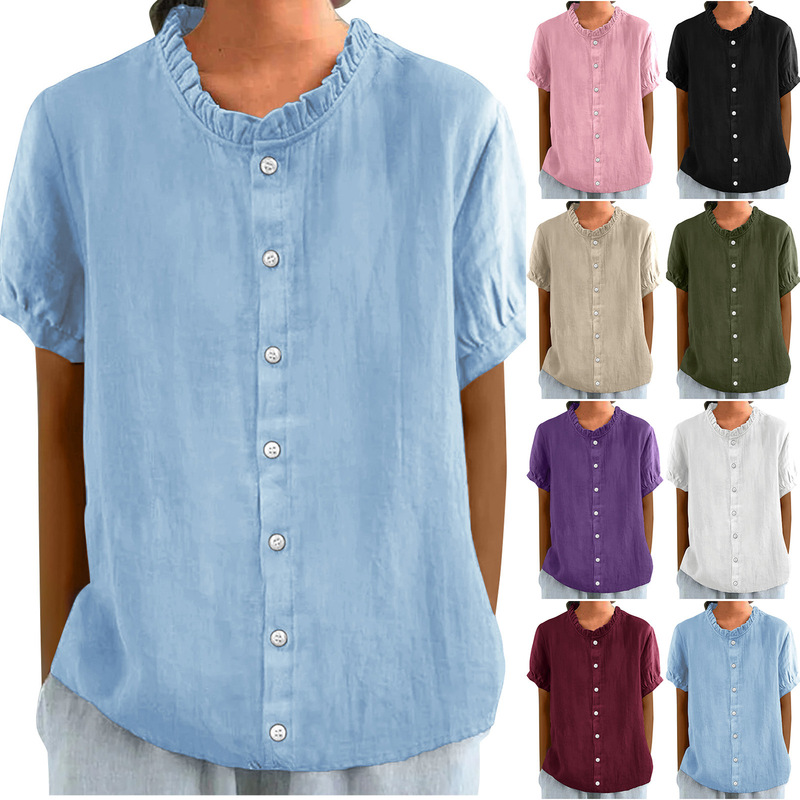 Amazon 2025 Cross-Border Summer New Style Stand-Up Collar Button Decoration Floral Pure Color Short-Sleeved T-Shirt Tops for Women