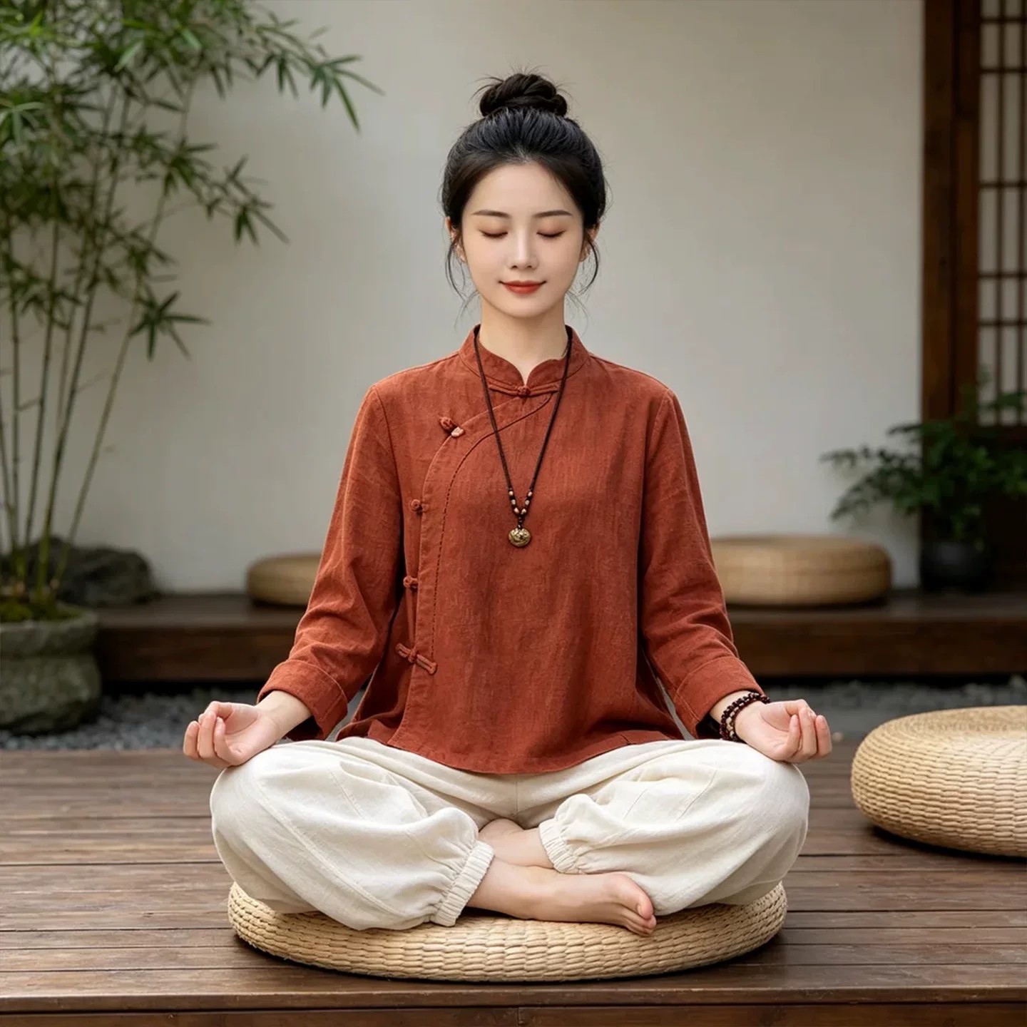 禅意佛系素衣居士服女款新中式国风套装打坐禅修服棉麻上衣太极服
