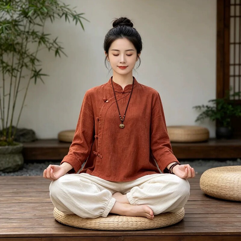 Zen-inspired, simple, and comfortable clothing for women, featuring a new Chinese-style design, suitable for meditation and Zen practice, made of cotton and linen, and also suitable as Tai Chi attire