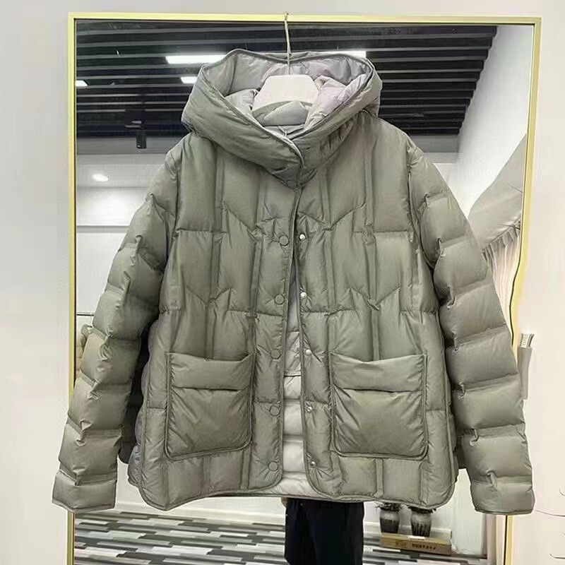 Cross-border Autumn and Winter New Korean Style Loose Light White Duck Down Hooded Jacket Women's Casual Rubber Down Jacket