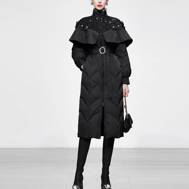 Winter New Women's Wear Black Waisted Mid-length White Duck Down Jacket Thickened Slim-fit Mid-length Down Jacket