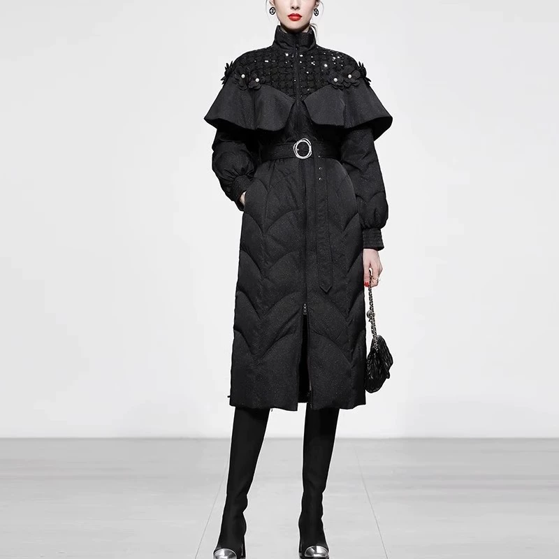 Зимний новый женский черный талия средней длины белый утка пуховик толстый стройный пуховик средней длины